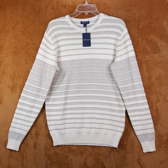 PETER MILLAR Mens Sweater Small Cream Pullover MIDI STRIPED CREW Linen Wool $350 - Picture 4 of 10
